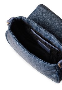 Textured blue handbag with a soft fabric interior. Features multiple compartments and a flap top. Gold hardware accents visible.