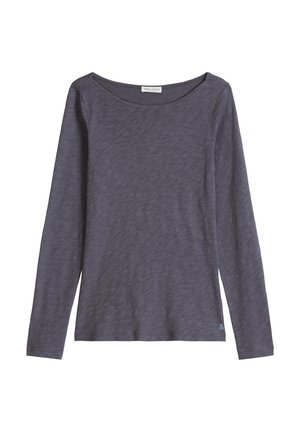 Chemise à manches longues, gris foncé, col rond avec une texture chinée subtile et un petit logo blanc près de l'ourlet sur fond uni.