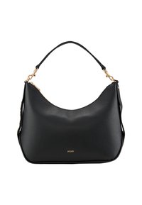 Borsa a tracolla in pelle nera con una texture liscia, forma curva e accenti in hardware color oro. Dotata di una singola tracolla.