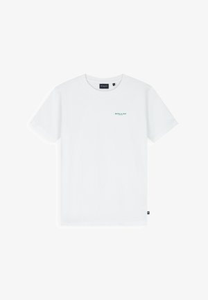 Wit katoenen T-shirt met korte mouwen, een klein groen "BALLIN" logo op de linkerborst en een ronde hals.