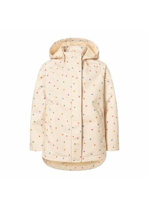 Veste de pluie à capuche couleur crème avec petits motifs de cœurs multicolores, zip à l'avant et poches latérales.
