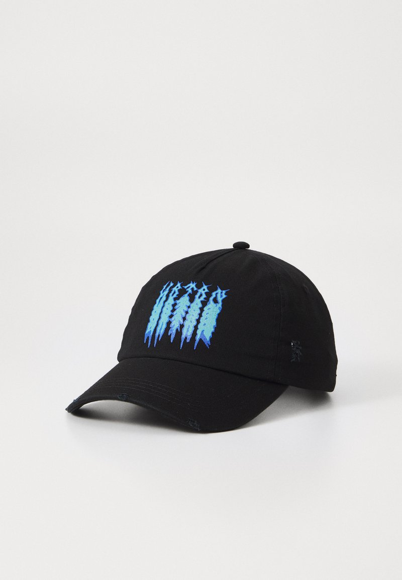 Black cotton cap featuring a blue graphic design of trees on the front. The cap has a curved brim and distressed detailing.