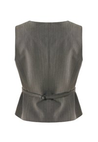 Grå ärmlös topp med en figurnära bodice och peplumslut. Har ett subtilt randigt mönster och en matchande midje detalj med bälte.