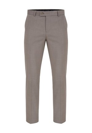 Jasnobrązowe spodnie z dopasowanym krojem, z gładkim przodem, dwiema kieszeniami po bokach, zapięciem na guzik oraz gładką, tkana fakturą.