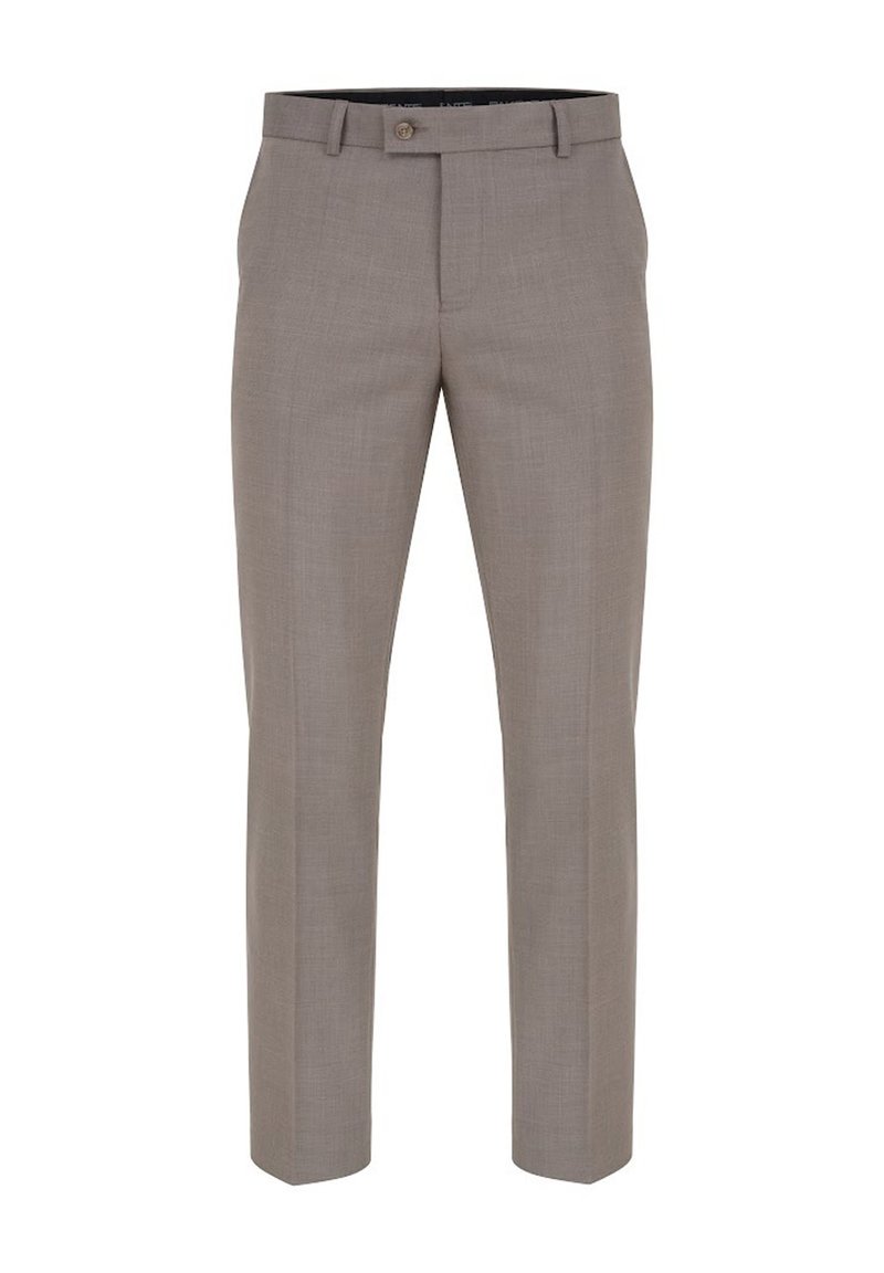 Jasnobrązowe spodnie z dopasowanym krojem, z gładkim przodem, dwiema kieszeniami po bokach, zapięciem na guzik oraz gładką, tkana fakturą.