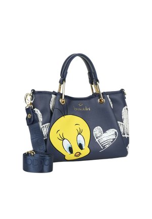 Borsa a mano blu navy con hardware dorato, con un grande volto giallo di Tweety Bird e schizzi di cuori bianchi, include tracolla removibile.