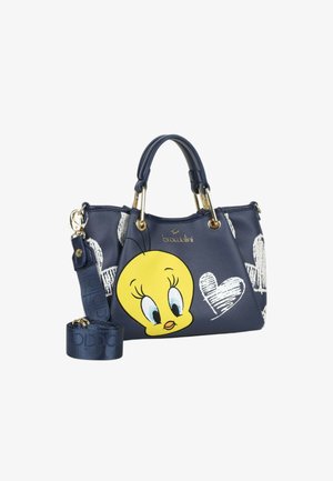 Borsa a mano blu navy con hardware dorato, con un grande volto giallo di Tweety Bird e schizzi di cuori bianchi, include tracolla removibile.