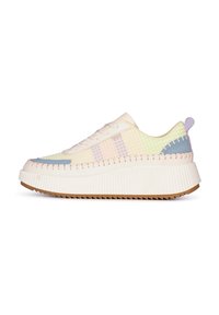 Baskets avec une tige en mesh de couleur pastel, ornées d'accents roses et bleus. Semelle en caoutchouc blanc épais avec texture nervurée et talon arrondi.