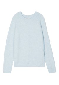 Suéter de color azul claro hecho de material suave, con un escote redondeado, mangas largas y dobladillos y puños acanalados.
