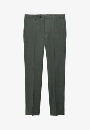 Tamno sivi karirani hlače ravnog kroja, s prednjim džepovima, zatvaranjem na dugme i petljama za remen. Izrađene su od glatkog materijala.