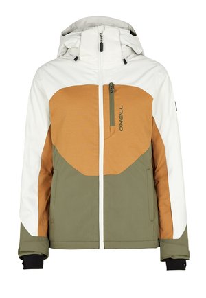 Waterproof jacket with a white, brown, and olive green color block design, featuring a front zipper, hood, and zippered chest pocket.