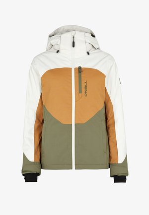 Wasserfeste Jacke mit einem Farbblockdesign in Weiß, Braun und Olivgrün, ausgestattet mit einem Frontreißverschluss, Kapuze und einer Reißverschlusstasche auf der Brust.