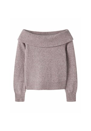 Lyse lilla off-shoulder striktrøje med lange ærmer og ribkanter ved manchetter og bund, vist mod en hvid baggrund.