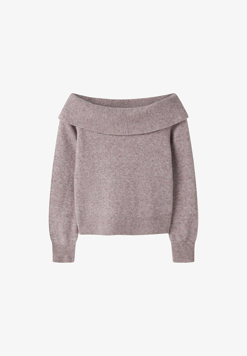 Pull tricoté violet clair à épaules dénudées avec manches longues et poignets et ourlet côtelés, présenté sur fond blanc.
