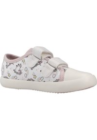 Scarpe per bambini con tomaia in tessuto bianco caratterizzata da un motivo con unicorni e arcobaleni, dettagli rosa, due strap in Velcro e suola in gomma bianca.