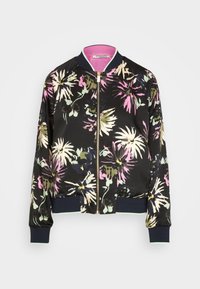 Bloemen bomberjack in zwarte satijn met roze, groene en witte patronen. Voorzien van een ritssluiting aan de voorkant, geribde manchetten en een contrasterende kraag.