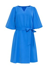 Blauwe jurk met korte pofmouwen, V-hals, aangesnoerde taille met een strik, en een flared rok. Gemaakt van een gladde stof.