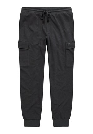 Pantalones de chándal gris oscuro con cinturilla elástica, cordón ajustable, bolsillos laterales tipo cargo y puños en los tobillos. Presenta un acento de logo.