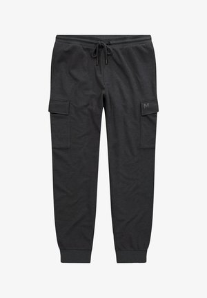 Tummanharmaat collegehousut, joissa on joustava vyötärö, säädettävä nyöri, sivutaskut ja resorit nilkoissa. Sisältää logopainatuksen.