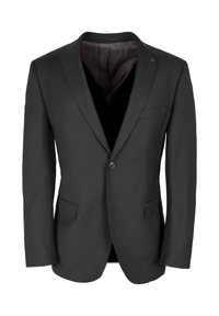 Czarna marynarka dopasowana z klapami, z pojedynczym zapięciem na guzik, dwoma przednimi kieszeniami oraz gładką podszewką.
