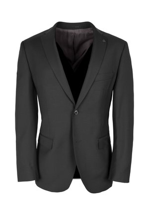 Czarna marynarka dopasowana z klapami, z pojedynczym zapięciem na guzik, dwoma przednimi kieszeniami oraz gładką podszewką.