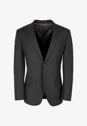 Czarna marynarka dopasowana z klapami, z pojedynczym zapięciem na guzik, dwoma przednimi kieszeniami oraz gładką podszewką.