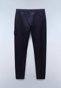 Navy blue joggers made of soft fabric, featuring an elastic waistband, tapered legs, and a side cargo pocket with a flap detail.