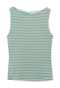 Striped sleeveless top in light green, featuring horizontal stripes in white, beige, and dark blue. Made of soft, stretchy material.