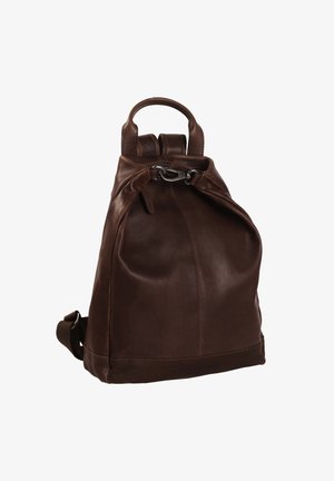 Brauner Leder-Rucksack mit abgerundeter Form, verstellbaren Trägern und einem Tragegriff oben. Verfügt über einen sicheren Verschluss und eine weiche Textur.