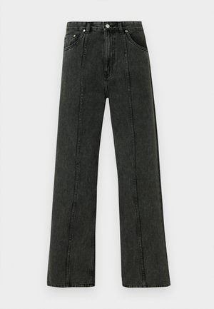 Højtaljede jeans med vide ben i mørkegråt denim. Har et klassisk fem-lomme-design og synlige syninger langs forreste sømme.