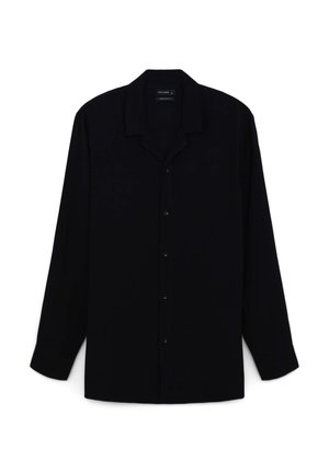 Schwarzes Langarmhemd aus glattem Stoff. Verfügt über einen kragenförmigen Ausschnitt und Knöpfe an der Vorderseite, mit einem lockeren Schnitt und geradem Saum.