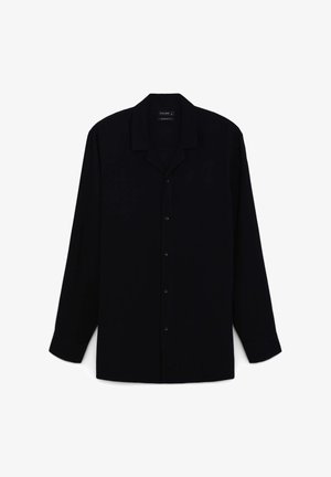 Schwarzes Langarmhemd aus glattem Stoff. Verfügt über einen kragenförmigen Ausschnitt und Knöpfe an der Vorderseite, mit einem lockeren Schnitt und geradem Saum.