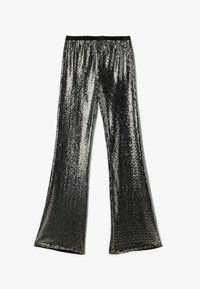 Pantalons évasés en sequins noirs brillants et argentés avec une taille haute et une ceinture élastique, présentant une texture lisse et une surface réfléchissante.