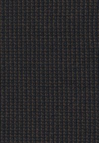 Strickstoff mit einem dunkelmarineblauen Grund und einer feinen, vertikalen Rippstruktur. Subtile braune Akzente sind in das Muster eingewebt.