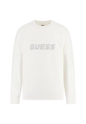 Sudadera blanca de manga larga con un panel de punto texturizado que presenta el logo "GUESS" en gris, cuello redondo y puños y dobladillo acanalados.