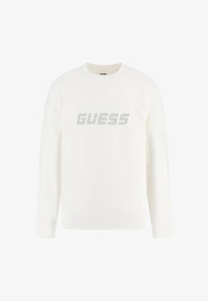 Fehér, hosszú ujjú pulóver, amely texturált kötött panellel rendelkezik, rajta szürke "GUESS" logóval, kerek nyakkivágással, valamint bordázott mandzsettákkal és hem.