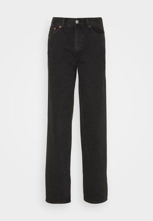 Black denim jeans with a straight-leg design, featuring a button closure, dual front pockets, and visible stitching in a contrasting color.