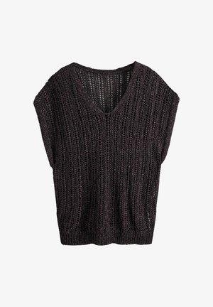Temno rjava pletena brezrokavnik z V-izrezom in vzorcem odprtih šivov, z rebrastim robom, položen na ravno belo ozadje.