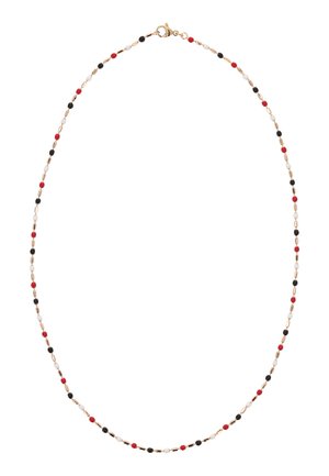 Finom nyaklánc apró piros, fekete, fehér és arany gyöngyökkel egyenletesen elosztva egy finom aranyláncon, kapoccsal rögzítve.