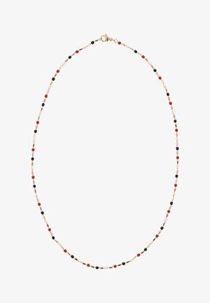 Delicate ketting met kleine rode, zwarte, witte en gouden kralen gelijkmatig verdeeld op een fijne gouden ketting, vastgezet met een sluiting.