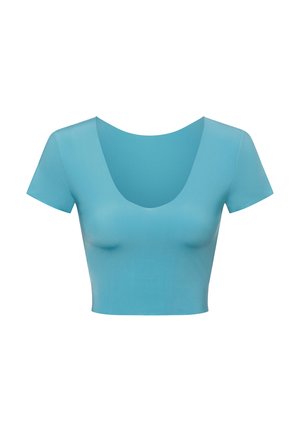 Himmelblaues kurzärmliges Cropped-Top mit tiefem V-Ausschnitt, aus dehnbarem, glattem Stoff, mit figurbetontem Schnitt.