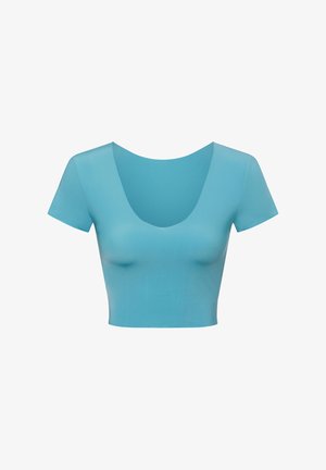 Modrá krátká crop top s hlubokým výstřihem do V, vyrobená z elastické, hladké látky, s přiléhavým střihem.