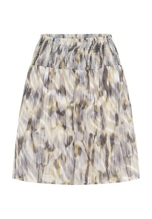 Jupe à motif floral en tissu transparent, avec une taille smockée. Les couleurs incluent beige, gris et brun. Silhouette évasée.