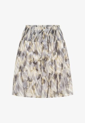 Jupe à motif floral en tissu transparent, avec une taille smockée. Les couleurs incluent beige, gris et brun. Silhouette évasée.