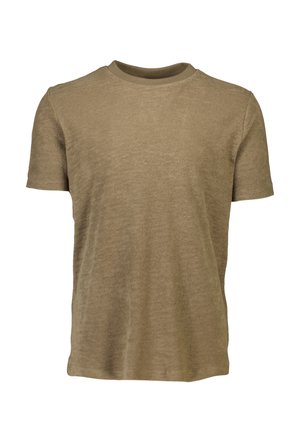 Koszulka z krótkim rękawem wykonana z miękkiego, teksturowanego materiału w jasnobrązowym kolorze, z okrągłym dekoltem i subtelnym, tonalnym kołnierzykiem.