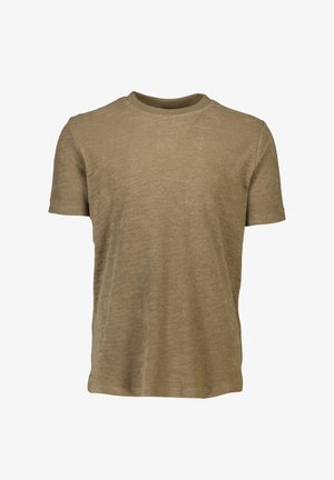 Koszulka z krótkim rękawem wykonana z miękkiego, teksturowanego materiału w jasnobrązowym kolorze, z okrągłym dekoltem i subtelnym, tonalnym kołnierzykiem.