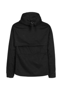 Black, lightweight jacket with a hood. Features a relaxed fit, adjustable back, and a textured finish. No visible hardware or patterns.