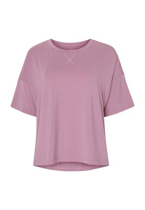 Losse, kortgeformde t-shirt met korte mouwen in lichtroze stof, met een ronde halslijn en een subtiele kruissteekdetail bij de hals.