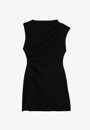 Schwarz ärmelloses Kleid mit drapiertem Stoff auf einer Seite, asymmetrischem Saum und einer figurbetonten Silhouette aus glattem Stretchmaterial.
