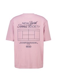 Light pink cotton t-shirt featuring "New York Tennis Society" text and a tennis court graphic on the back, with navy blue lettering.